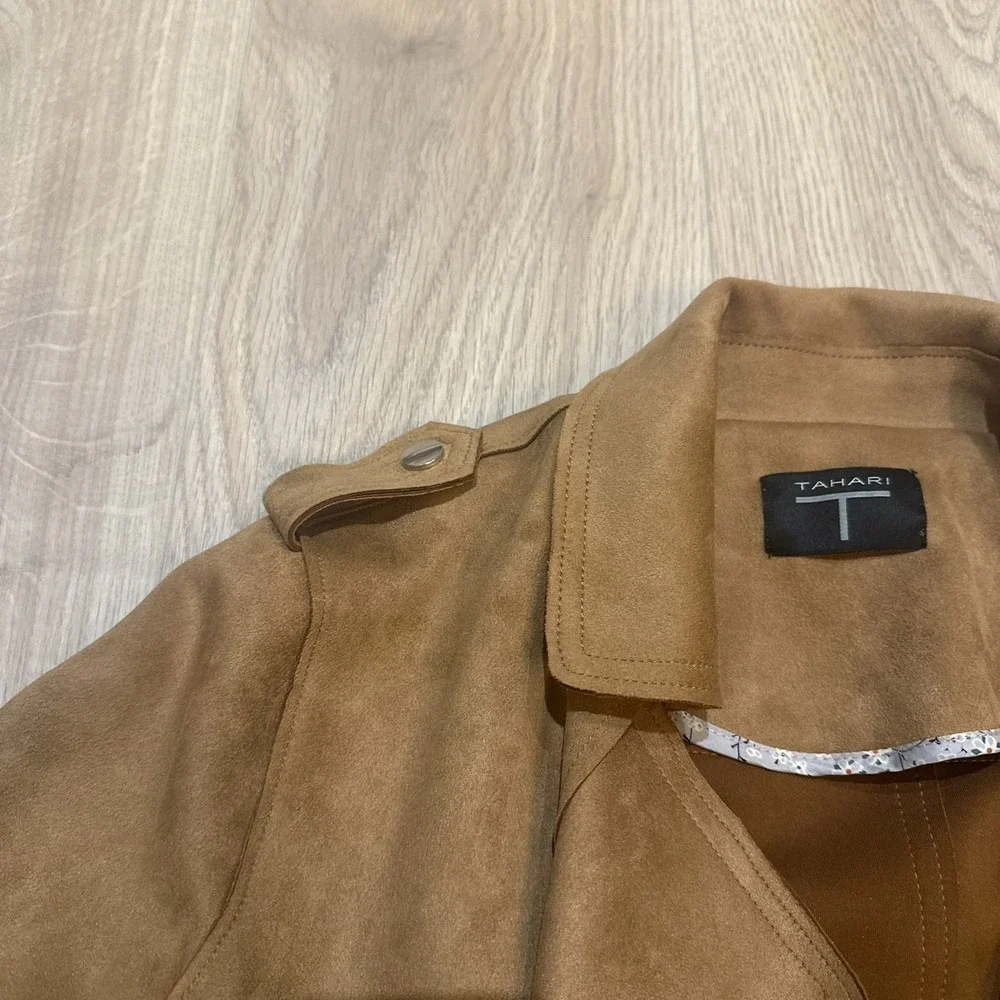 T Tahari Faux‎ Suede Jacket Women's Small Pockets Open Front Moto Style Camel